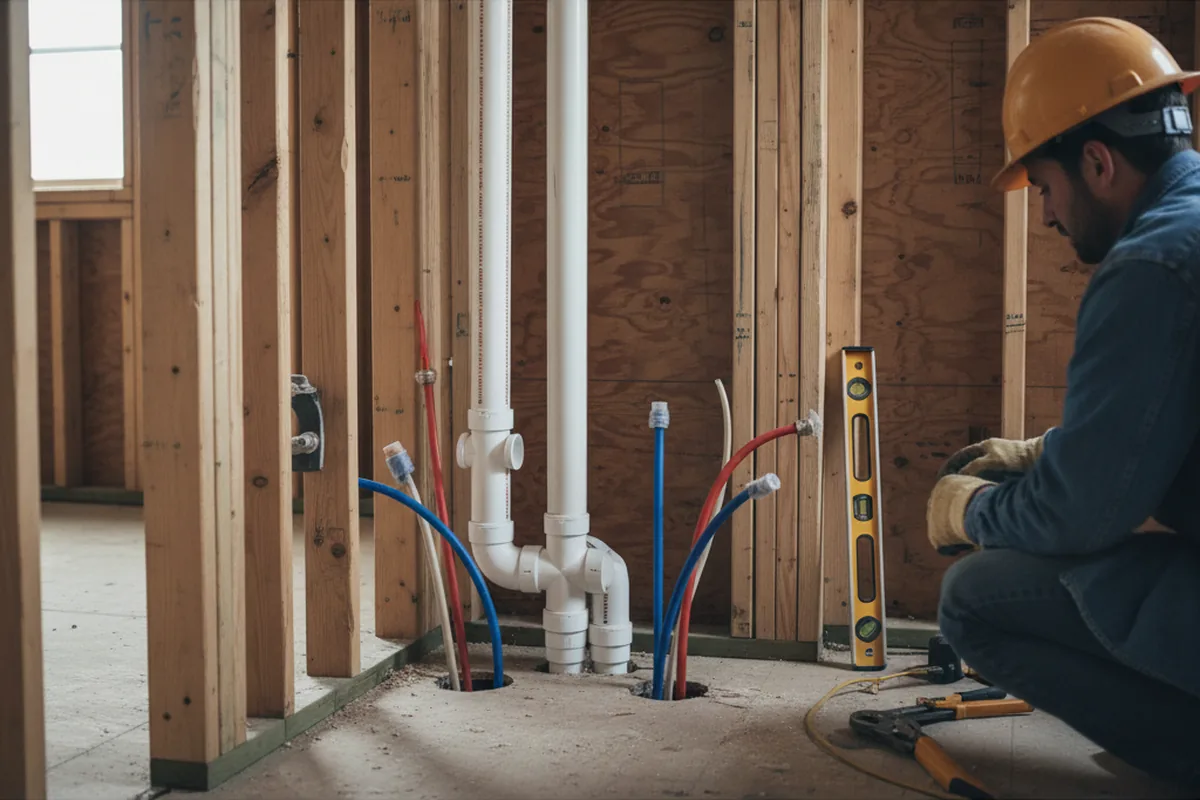 Drain and supply rough-in during Sump Pump Repair in Rives Junction