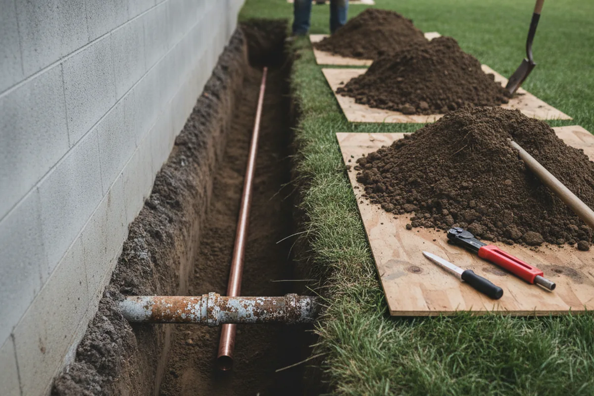 Excavated water line trench during Water Softener Installation in Rives Junction